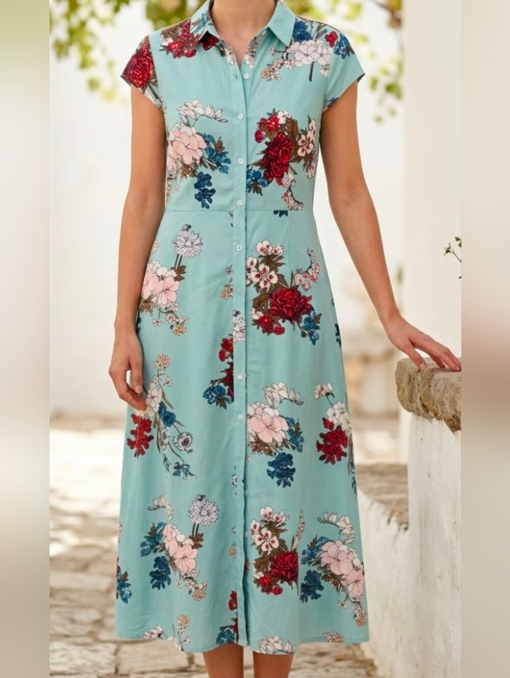 Light Blue Floral Button-Front Maxi Dress
